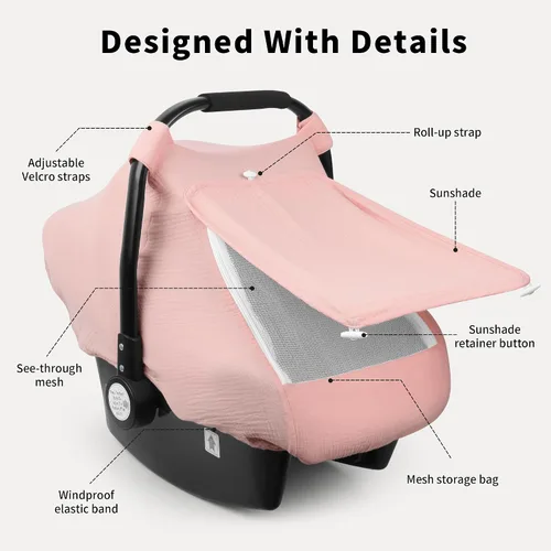 Miniatura 3 de Rquite Funda de asiento de automóvil para bebé, fundas de asiento de automóvil para niña y niño, algodón muselina transpirable, ventana de malla Rosa