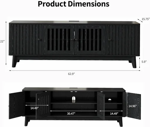 Miniatura 2 de GarveeHome Soporte de TV moderno de mediados de siglo, soporte de TV de 63 pulgadas para sala de estar con salida de energía y estantes ajustables