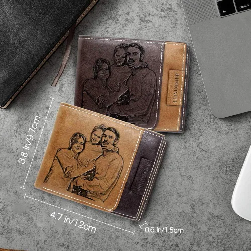 Miniatura 6 de Amlion Carteras personalizadas, cartera de piel grabada para fotos, para hombres, papá, marido, Rojo Marrón, Minimalista