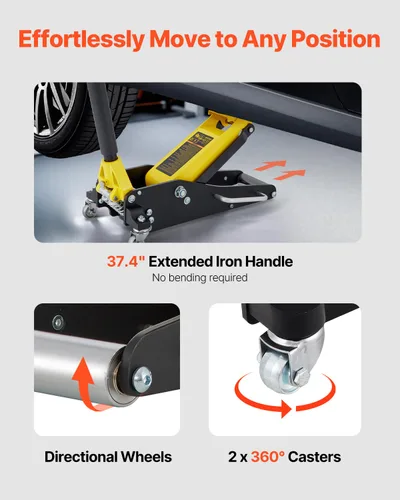 Miniatura 8 de VEVOR Gato de piso de perfil bajo de 1.5 toneladas (3300 libras), elevador de tierra de carreras de aluminio y acero con pistones duales, bomba