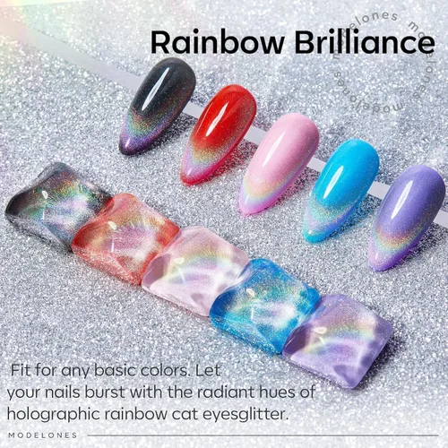 Miniatura 3 de Modelones Esmalte de uñas de gel ojo de gato arco iris con lentejuelas plateadas holográficas, esmalte de uñas de gel 9D con barra magnética, apto