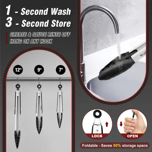 Miniatura 4 de Walfos Pinzas de cocina – Juego de 3 pinzas de cocina resistentes al calor, puntas de acero inoxidable y silicona sin BPA, ideales para cocinar
