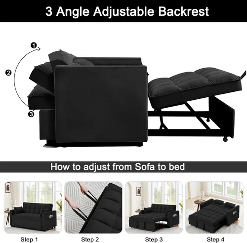 Miniatura 7 de Sofá cama convertible de terciopelo de 55 pulgadas, sofá futón 3 en 1 con cama extraíble, sofá biplaza moderno con respaldo ajustable, 2 almohadas