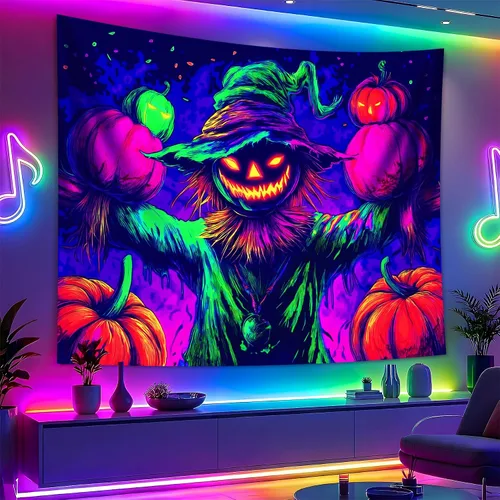 Miniatura 20 de BVBOX Tapiz de Halloween con luz negra, reactivo a los rayos UV que brilla en la oscuridad, póster de tapiz trippy con luz negra para sala de estar