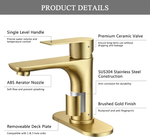 Miniatura 5 de TONNY Grifo de baño dorado cepillado, grifo dorado de una sola manija para fregadero de baño, grifo de lavabo de tocador de baño, 1 agujero