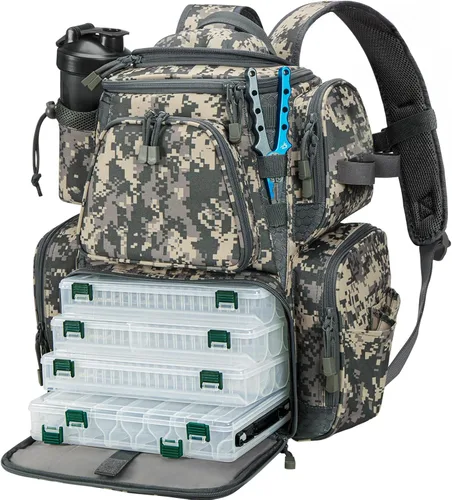 Miniatura 9 de Piscifun Mochila de pesca con 2 soportes para caña y 4 cajas de aparejos, bolsa grande de almacenamiento de aparejos con cubierta de lluvia