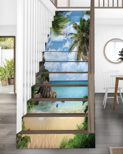 Miniatura 11 de FLFK - Adhesivos para escalones de playa al amanecer - Juego de 15, calcomanías pela y pega para peldaños de escaleras, 39.3"x7.08" Gxl3203