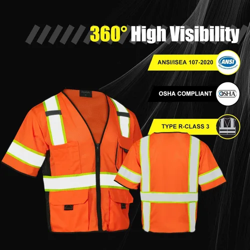 Miniatura 3 de Chaleco de alta visibilidad con bolsillos y cremallera para hombres y mujeres, chaleco de construcción con tiras reflectantes, Hi Vis Clase 3 Naranja