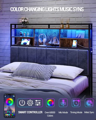 Miniatura 4 de Hzuaneri Cabecero con estantes de almacenamiento de 3 niveles, tablero de cabecera tapizado de terciopelo con 2 tomas, puertos USB y luz LED, Marrón