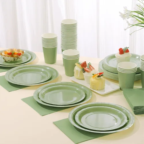 Miniatura 7 de Platos de papel verde salvia, platos y servilletas, suministros para fiesta, 200 unidades, decoración de despedida de soltera, cumpleaños, 50