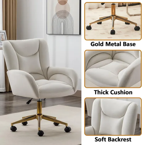 Miniatura 4 de Bonita silla de tocador con respaldo para dormitorio, silla de oficina de terciopelo blanco, cómoda para oficina, altura ajustable, giratoria de 360