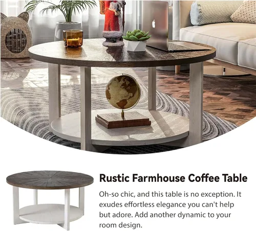 Miniatura 5 de Mesas de centro redondas de madera con almacenamiento, mesa de centro rústica con parte superior de madera envejecida, mesa circular grande