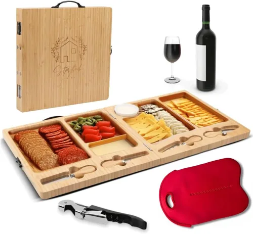 Miniatura 7 de Tabla de charcutería – Tabla grande de queso de bambú con juego de cuchillos magnéticos – Plato de queso de madera – Tabla de charcutería plegable