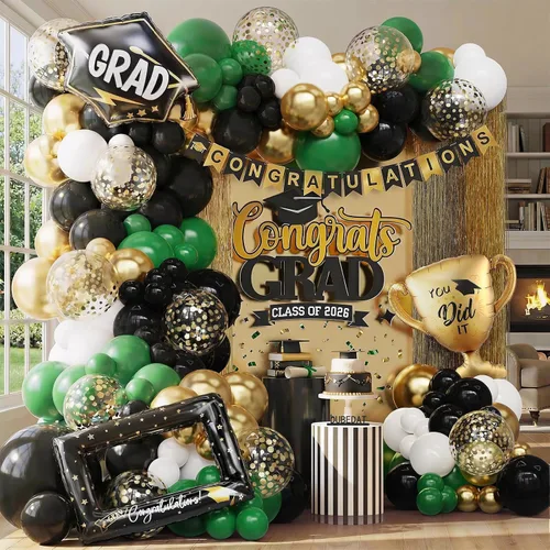 Kit de arco de globos de color verde, negro y blanco, 154 piezas con globo de confeti dorado para decoraciones de fiesta de cumpleaños naranja y