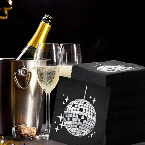 Miniatura 5 de Paquete de 80 servilletas de fiesta de discoteca, servilletas de cóctel de los años 70, 80, 90, suministros de reunión desechables, bola de disco
