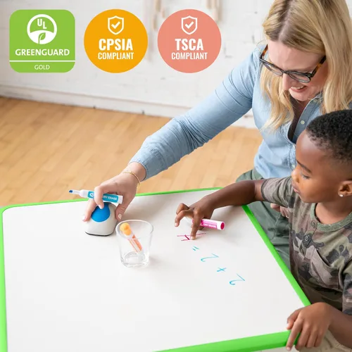 Miniatura 6 de ECR4Kids Mesa de actividades cuadrada de borrado en seco con 2 sillas, ajustable, muebles para niños, verde hierba, 3 piezas Verde (Grassy Green)
