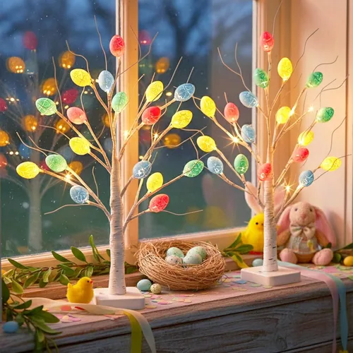 Miniatura 8 de Vanthylit - Juego de 2 árboles de abedul blancos con luces LED, árbol de mesa con temporizador, árbol de Navidad iluminado para decoración