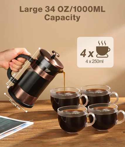 Miniatura 6 de Prensa francesa para café - Cafetera de acero inoxidable clásico de 34 onzas con sistema de filtración de 4 niveles, vidrio de borosilicato Cobre