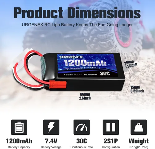 Miniatura 2 de Batería Lipo de 7.4 V con enchufe JST 2S 30C (60 C) batería de litio recargable de 1200 mAh compatible con UDIRC Cheewing y la mayoría de coches RC