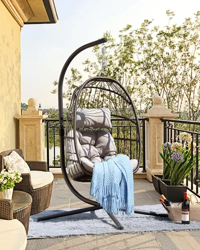 Miniatura 8 de FREDEES Silla colgante con forma de huevo con soporte, silla colgante de exterior con cojín para patio/porche/balcón/interior (Gris claro)