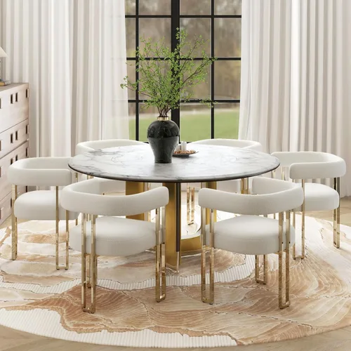 Miniatura 40 de Hyfirm Juego de 2 sillas de comedor de barril beige y dorado, modernas sillas tapizadas de terciopelo con respaldo curvado para isla de cocina