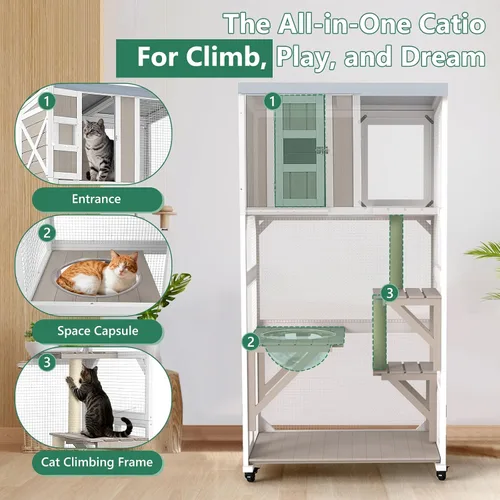 Miniatura 2 de Catio - Caja para gatos para exteriores con ruedas y techo resistente a la intemperie, ventana grande de 63 pulgadas con 3 plataformas, cúpula