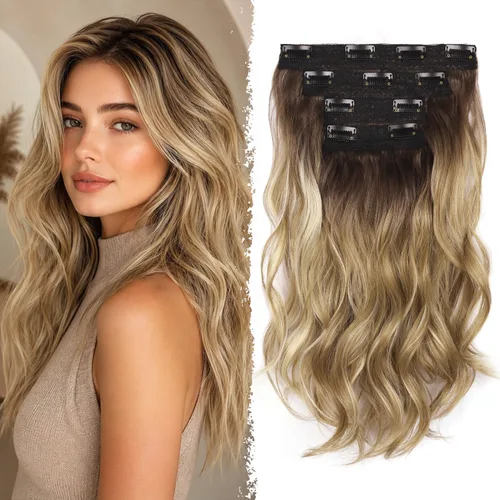 Miniatura 23 de Extensiones de cabello con clip, extensiones de cabello sintético ondulado de 14 pulgadas con clip (color: 22H10#)