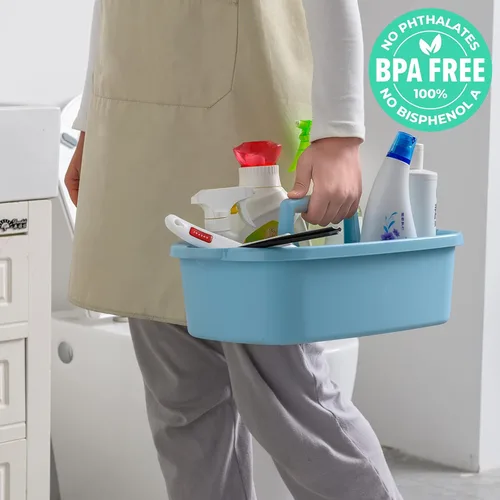 Miniatura 2 de Organizador de suministros de limpieza, paquete de 2 organizadores de suministros de limpieza con asa, cubo de plástico para productos de limpieza
