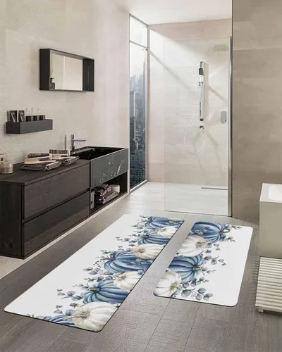 Miniatura 2 de Tapete de baño con calabazas azules y blancas, antideslizante, de secado rápido y absorbente, con tierra de diatomeas, fregadero de cocina, tapete