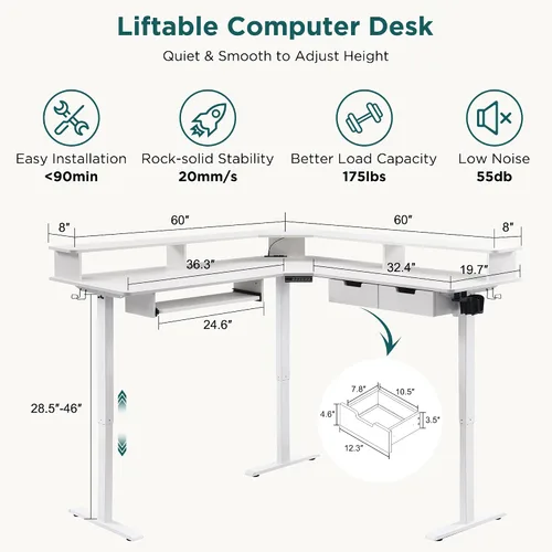 Miniatura 2 de RedLemon Escritorio eléctrico de pie en forma de L, altura del motor de 60 pulgadas, escritorio de esquina ajustable con LED, escritorio grande