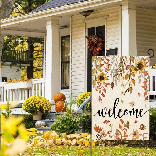 Miniatura 2 de ORTIGIA Bandera de jardín con hojas de arce de bienvenida y otoño, vertical, de doble cara, de 12 x 18 pulgadas, diseño de girasoles otoñales