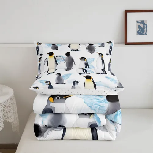 Miniatura 6 de Erosebridal Juego de ropa de cama de pingüinos de dibujos animados, tamaño matrimonial, juego de edredón de pingüinos lindos y divertidos, juego