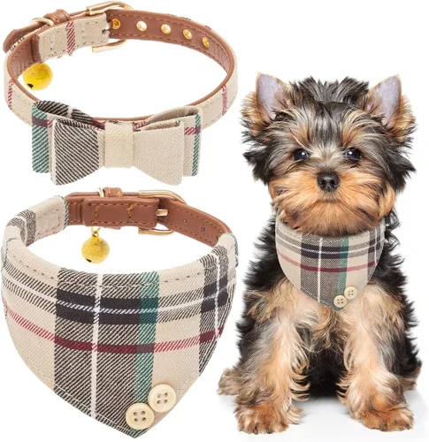 Miniatura 36 de EXPAWLORER Juego de collar y correa para perro - Corbata de moño clásica a cuadros para perro y collar bandana para perro con campana, correa