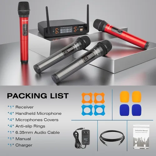 Miniatura 8 de Depusheng Micrófono inalámbrico, sistema profesional de mano de karaoke de 4 canales para karaoke en casa, reuniones, fiestas, iglesia, DJ, boda