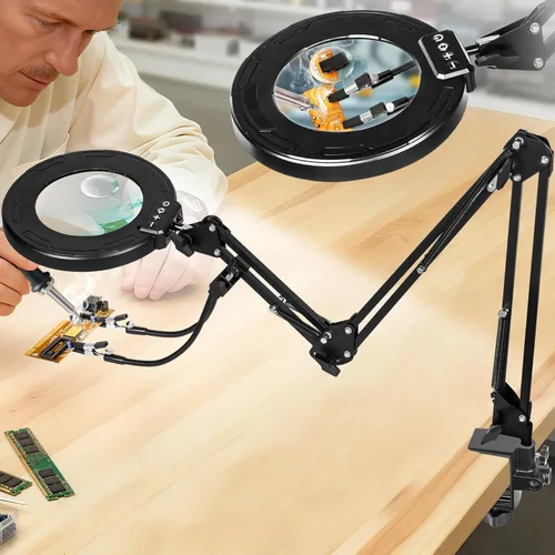Miniatura 11 de Lupa de 12 veces con luz y soporte, brazo oscilante de 3 secciones ultradelgado, lupa iluminada para manos que ayudan, lámpara de escritorio LED