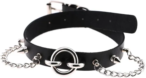 Miniatura 4 de Multicolor 0.75" Width PU Simulated Leather Rivets O Ring Chains Neckband Choker Necklace