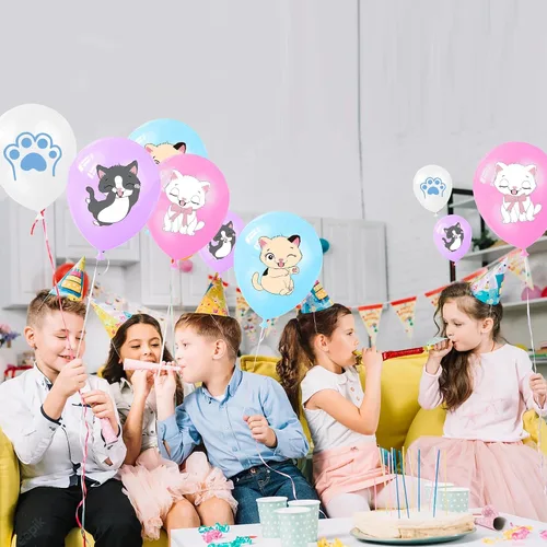 Miniatura 6 de Globos de fiesta de gatos, globos de gatito para decoración de cumpleaños, 16 globos de látex con estampado de gatos de dibujos animados