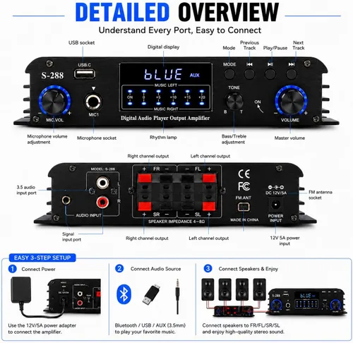 Miniatura 4 de Romicta Amplificador estéreo Bluetooth 5.0 de 4 canales, amplificador de potencia HiFi de 50 Wx4, 1200 W máximo, USB/SD/FM, receptor de audio