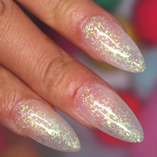 Miniatura 10 de Polvo de inmersión de uñas transparente que brilla en la oscuridad mezclado con polvo de capa superior de escamas de ópalo camaleón que cambia