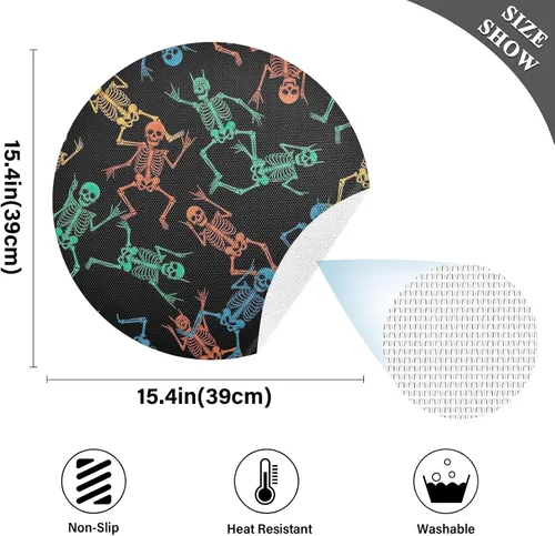 Miniatura 4 de Skeletons Black Table Placemats, Heat Resistant Non Slip PVC Placemats Round for Kitchen one sizex4