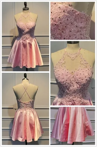 Miniatura 2 de WaterDress Vestidos cortos de satén con apliques de encaje y bolsillos, vestidos de cóctel para adolescentes WD029