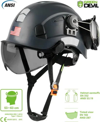 Miniatura 3 de Casco de seguridad con visera y protección para los oídos, ajustable, ligero, ventilado, ABS, casco de trabajo para hombres y mujeres, suspensión