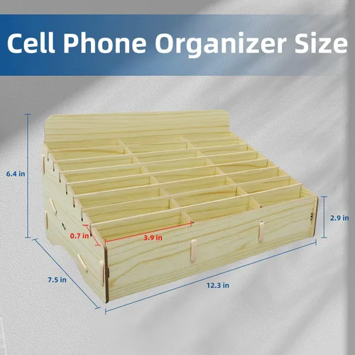 Miniatura 4 de HengTianMei Soporte para teléfono celular de 24 rejillas, organizador de bolsillo para aula, caja de almacenamiento de madera, soporte