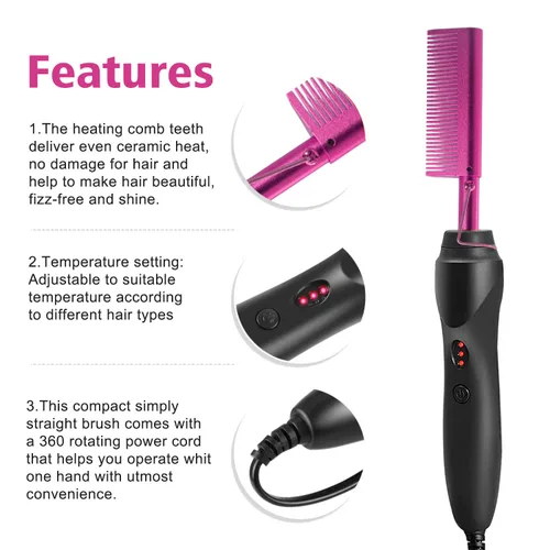 Miniatura 2 de Goiple Peine caliente eléctrico alisador de pelo rosa, peine alisador eléctrico para pelucas de cabello negro natural con diente ancho/cola de rata