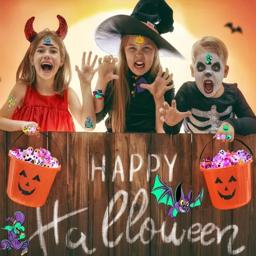 Miniatura 7 de 60 recuerdos de fiesta de Halloween para niños, anillos y tatuajes iluminados, 50 anillos intermitentes LED y 10 tatuajes luminosos, rellenos