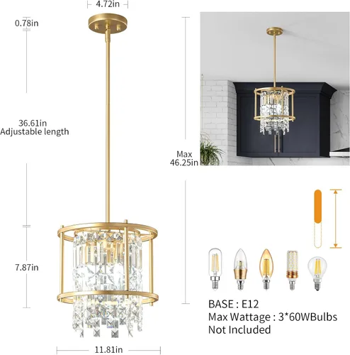 Miniatura 3 de LMQNINE Candelabro Moderno para Vestíbulo, Candelabro de Cristal Dorado Lámpara Colgante de Entrada, Candelabros Redondos de Altura Ajustable
