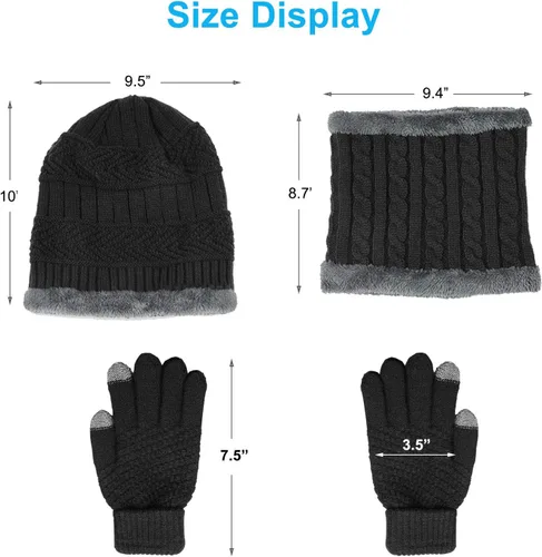 Miniatura 6 de Conjunto de gorro de punto de invierno, calentador de cuello, guantes, con forro de lana, gorro de calavera, bufandas infinitas, manoplas táctiles
