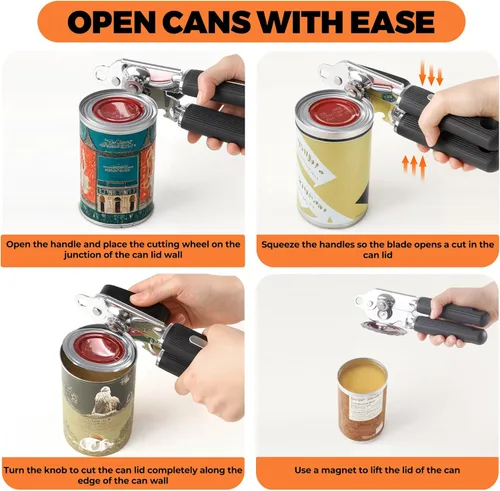 Miniatura 4 de Abrelatas Manual con Imán, Mango de Goma de Agarre Suave Cuchilla Afilada Borde Liso, Perilla sin Esfuerzo, Abrelatas Resistente con Abrebotellas