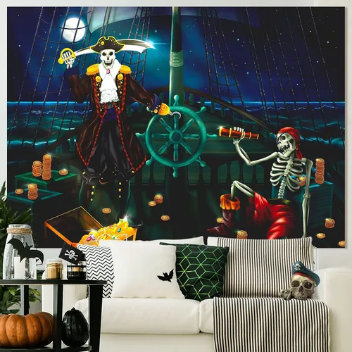 Miniatura 4 de Cheerland Telón de fondo de tela para fiesta de cumpleaños de pirata, decoración de Halloween, esqueleto de cráneo, piratas, pancarta de puerta