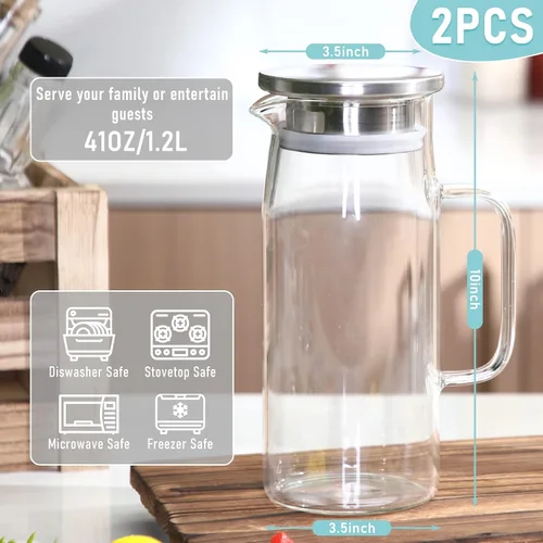 Miniatura 2 de 2 jarras de vidrio con tapa y boquilla, jarra de vidrio para agua caliente/fría con asa, jarras de té helado, jarras de bebidas para refrigerador